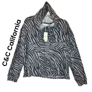 C&C California Womens Gray Zebra Print Hooded Shirt Sz XL Ribbed Super Soft